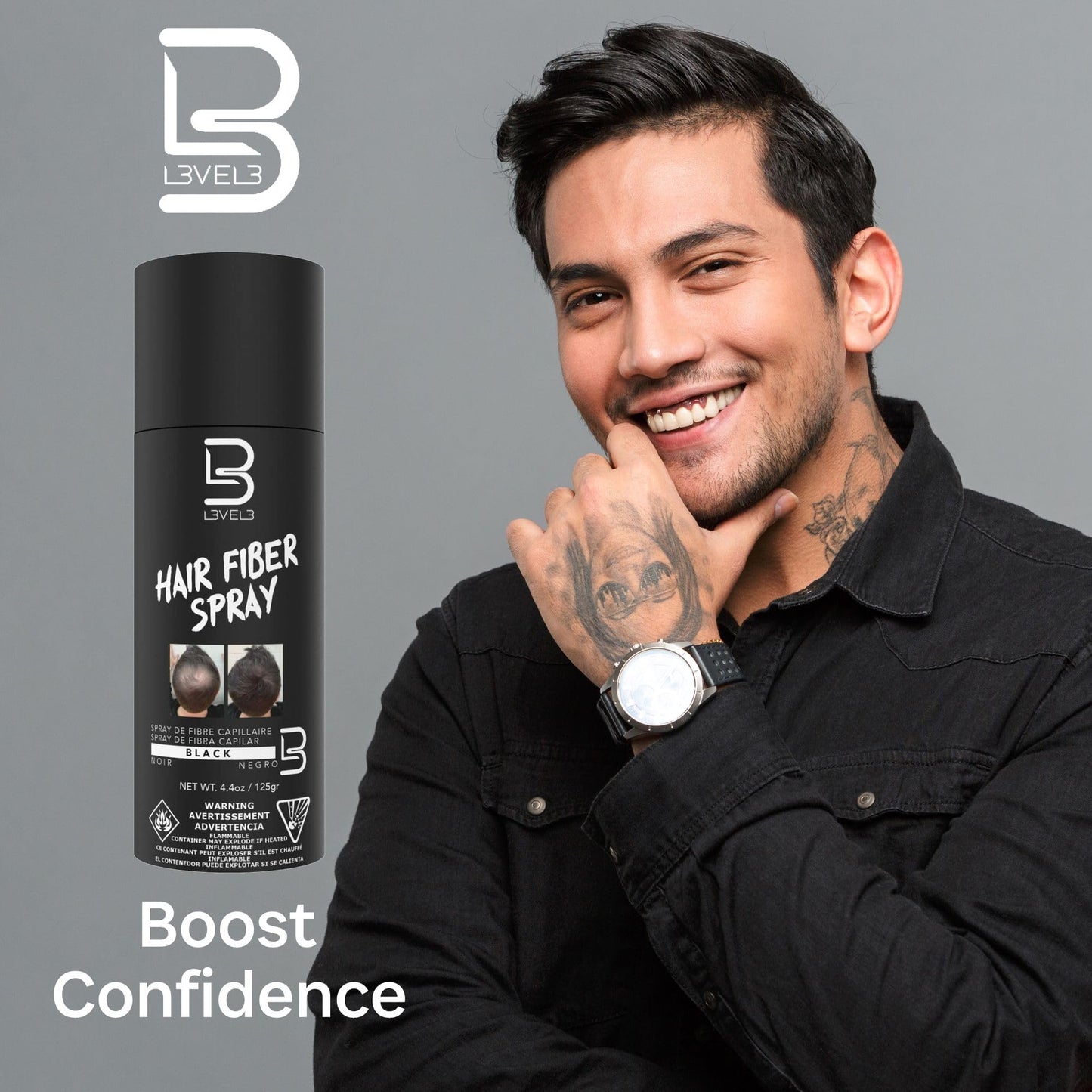 Level 3 Black Hair Fiber Spray - Covers Bald Spots & Thinning Hair - Instant Gray Coverage & Thicker Hair Appearance - Hair Enhancement Spray - 4.4 oz