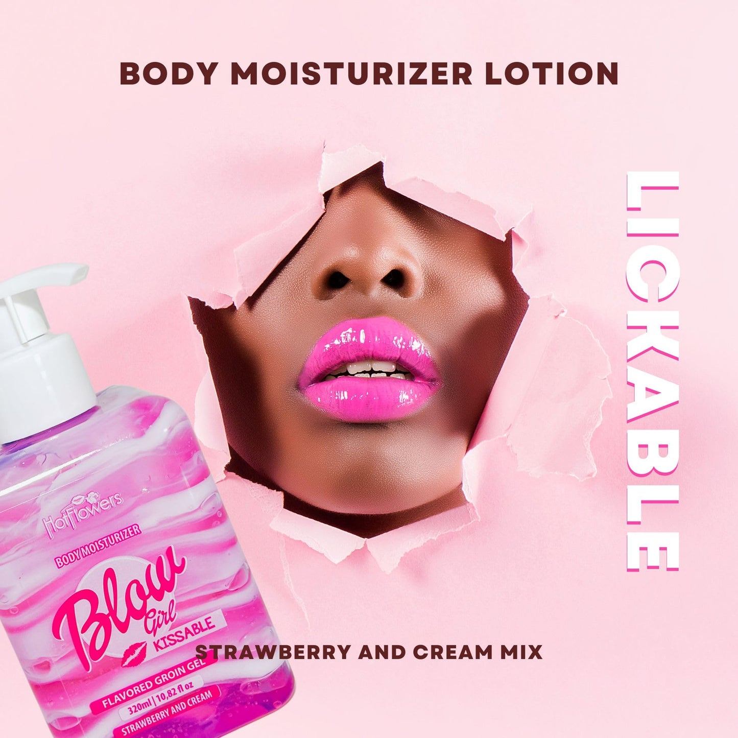 HOT FLOWERS Blow Girl Lickable Moisturizing Lotion, Strawberry & Cream Flavored Body Moisturizer, Sugar-Free & Gluten-Free Gel-Cream for Soft, Smooth Skin, Daily Body Care & Massage, 320ml