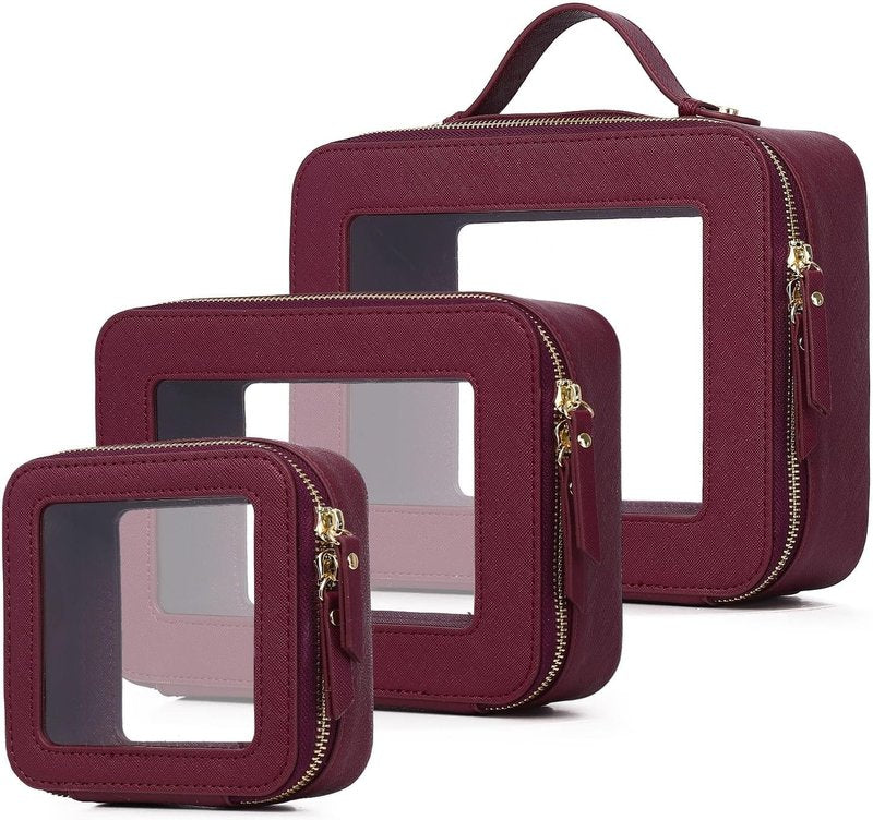 Clear Makeup Bag - Waterproof Travel Case for Cosmetics & Toiletries | Women's Organizer in Pink & Burgundy (L, M, Mini)