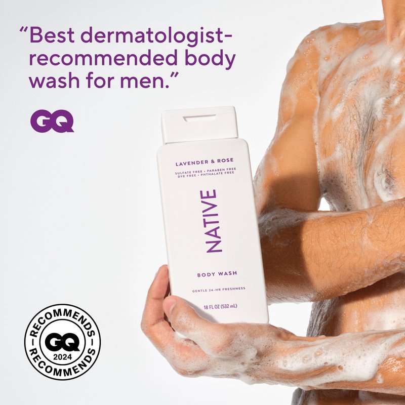 Native Lavender & Rose Scent 24-Hr Refreshing Clean Body Wash for Women & Men, for All Skin Types Incl. Sensitive, Leaves Skin Feeling Clean & Soft, Free of Phthalates, Sulfates & Parabens, 18 oz