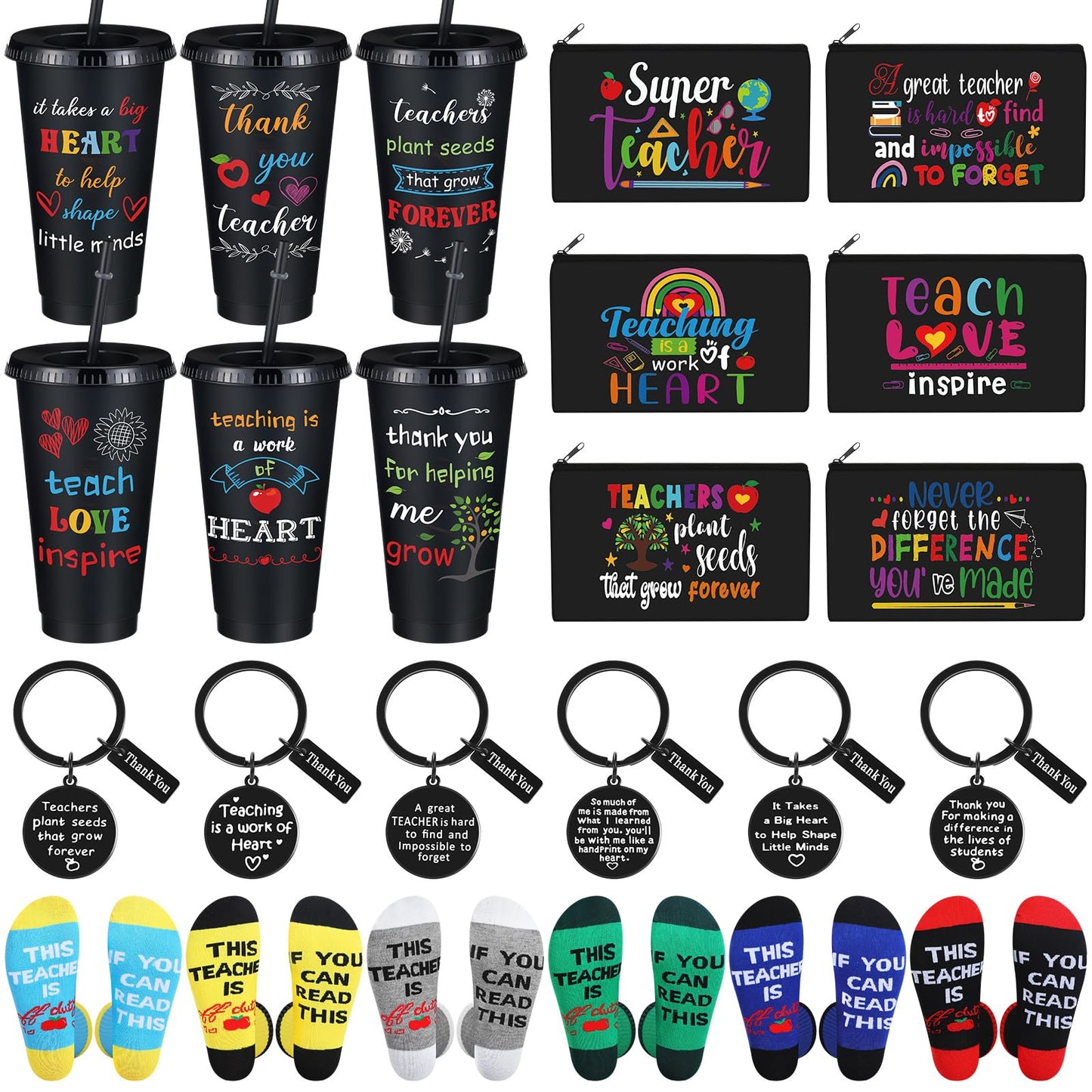 Funnymoom 24 Pcs Teacher Appreciation Week Gifts Bulk Set 2026 End of Year Thank You Gifts Bulk 24 oz Black Plastic Tumbler Cup Makeup Cosmetic Bag Crew Sock Keychain for Retirement School Staff Team