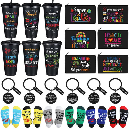 Funnymoom 24 Pcs Teacher Appreciation Week Gifts Bulk Set 2026 End of Year Thank You Gifts Bulk 24 oz Black Plastic Tumbler Cup Makeup Cosmetic Bag Crew Sock Keychain for Retirement School Staff Team