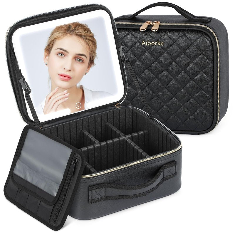 Aiborke Travel Makeup Bag with Led Mirror Make up Case with Lighted Mirror Cosmetic Organizer bag with Adjustable Dividers and 5X Magnifying Mirror Makeup Box Organizer Vanity Case for Women (Black)