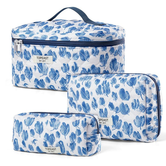 TOPEAST Travel Makeup for Women Girl, 3Pcs Large Cute Quilted Make up Bag Organizer for Purse, Portable Big Cosmetic Brush Pouch with Zipper Compartment, Blue Bow