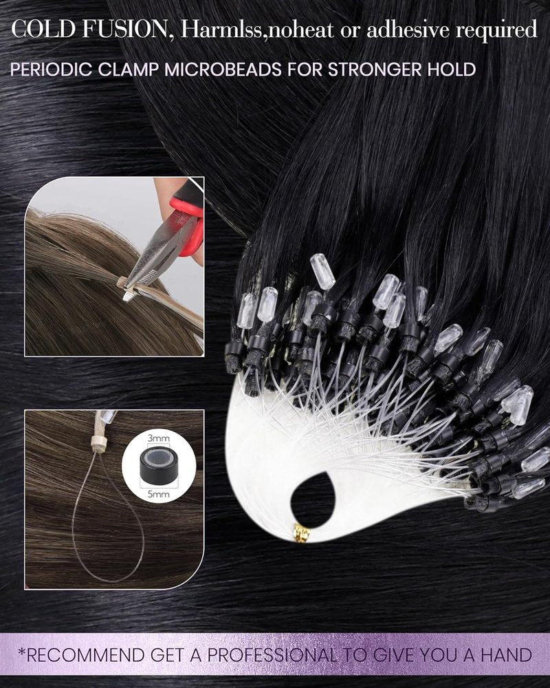 LaaVoo 18-Inch Micro Loop Hair Extensions - Black Human Hair with Keratin & Silicone Beads | 50g Stick Tip