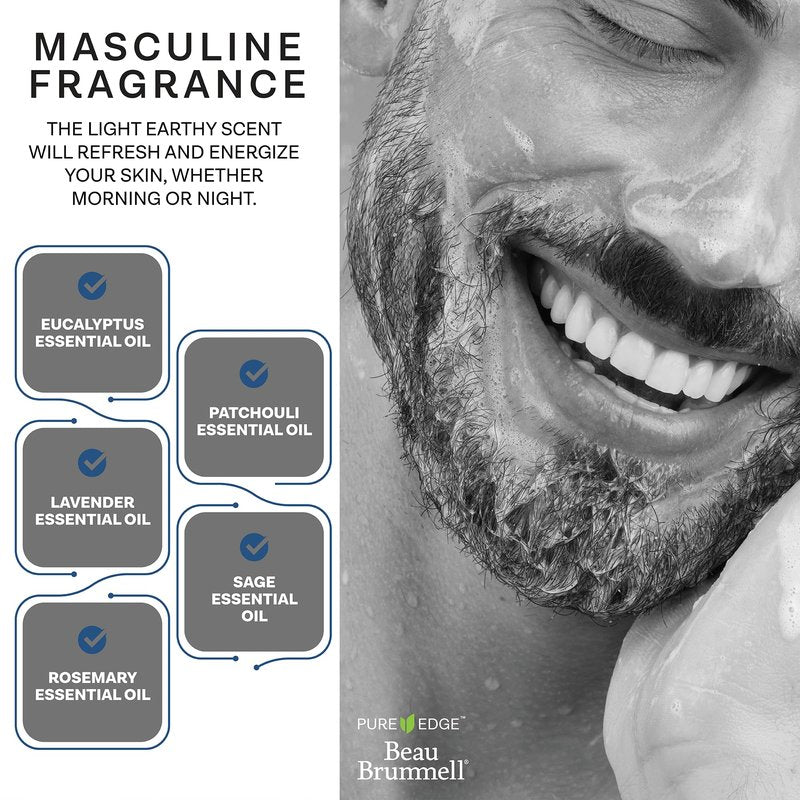 Beau Brummell for Men's Activated Charcoal Face Wash | Gentle Exfoliating Cleanser with Hyaluronic Acid, Bamboo Powder, Marine Plankton Extract, Vitamins A & E | 8 fl oz, Made in USA