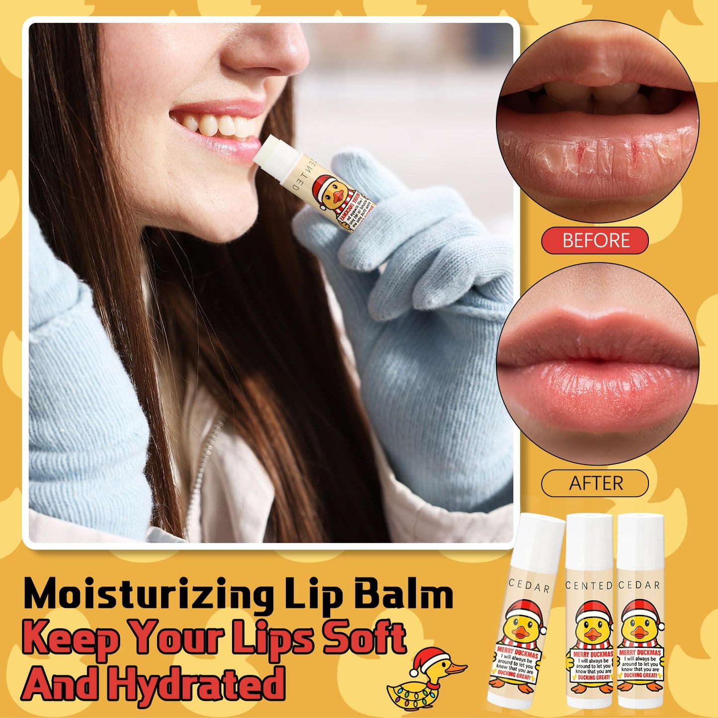 Fumete 24 Pcs Christmas Lip Balms Bulk Funny Duck Gift for Coworker Little Yellow Duck Xmas Lip Balms with Positive Gift Card for Employee Staff Christmas Holidays Party Favors