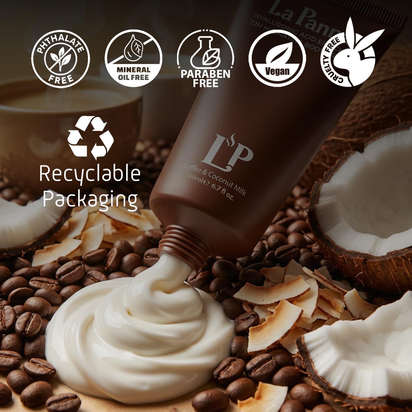 La Panna Coffee & Coconut Milk Hydrating Body Cream with Vitamin E – Rich Moisturizer, Fast Absorbing, Non-Greasy Velvet Glow Lotion - Nourishing Vegan & Cruelty-Free Skin Care, 6.7 fl oz