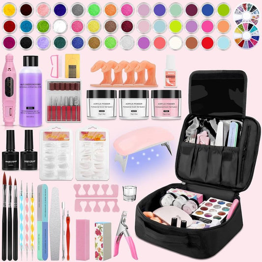 42 Colors Acrylic Nails Kits with Drill and UV Light- Acrylic Nail Powder Glitter and Monomer Liquid Kit with Nail Storage Bag, 5PCS Practice Finger