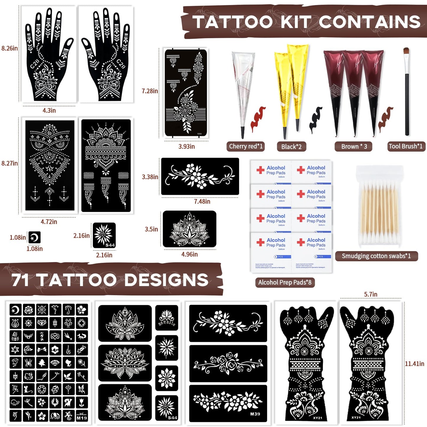 Temporary Tattoo Stencil Kit 10 Sheets, 6 Pcs Tattoo Cones 3 Color (Black/Brown/Cherry Red) with Brush/cotton swabsTool, Art Skin Painting Designs for Women Men DIY Gifts