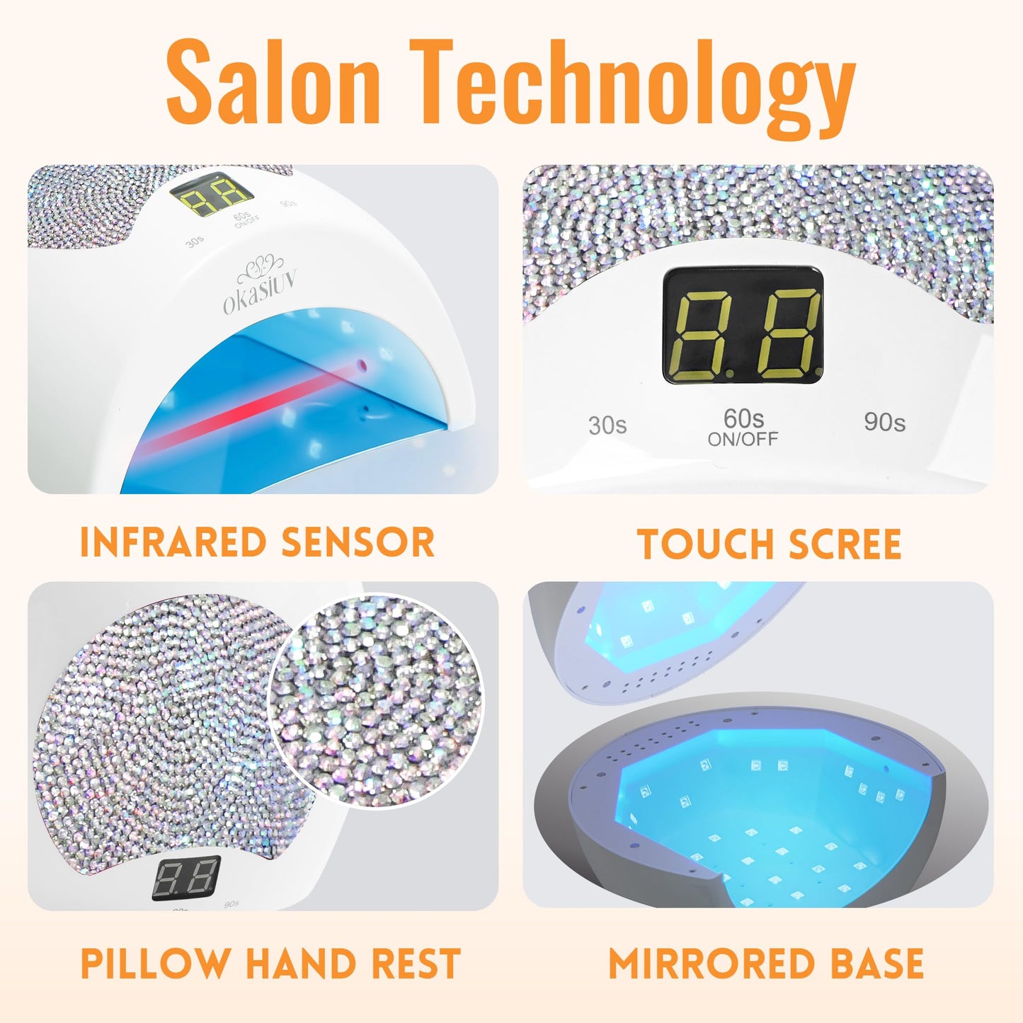 Okasiuv Rechargeable UV LED Nail Lamp with Diamond Design & Touch Control - 3 Timer Settings, Fast Curing for All Gel Polishes, Portable UV Nail Dryer for Professional Salon & Home