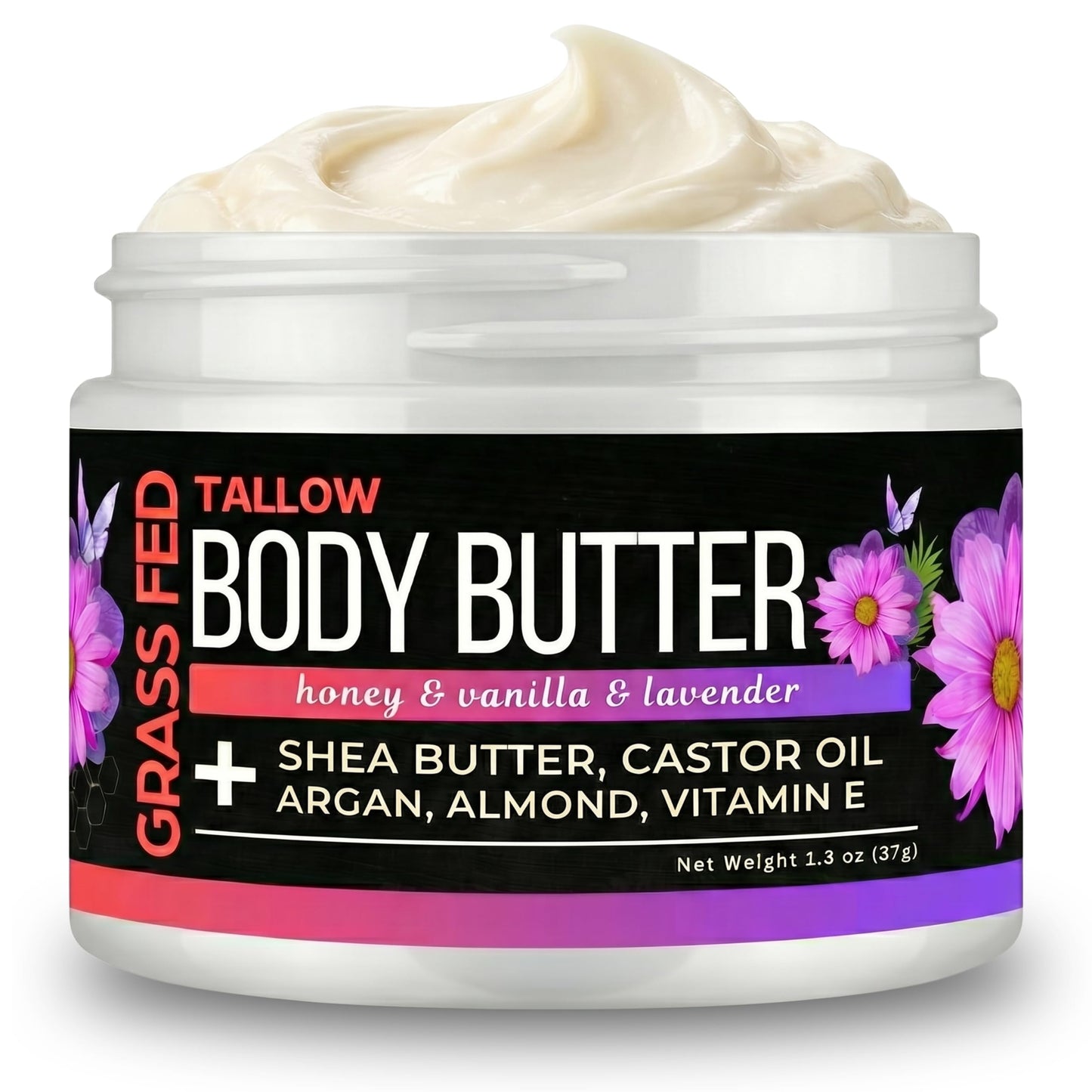 SELFWISE Beef Tallow Body Butter Cream - Grass-Fed Whipped Balm with Honey, Shea Butter, Castor Oil & Calendula - Non-Greasy, Long Lasting Hydration - for Extra Dry and Sensitive Skin.