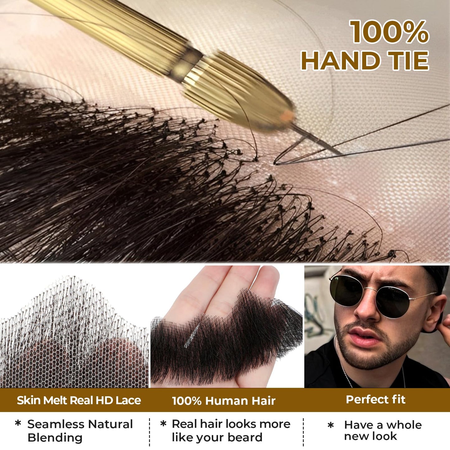 Wodelanle Fake Mustache Realistic Beard 100% Human Hair Full Hand Tied Facial Hair Black Goatee Fake Beards Lace Invisible Fake Mustache for Entertainment Party Drama Movie Makeup