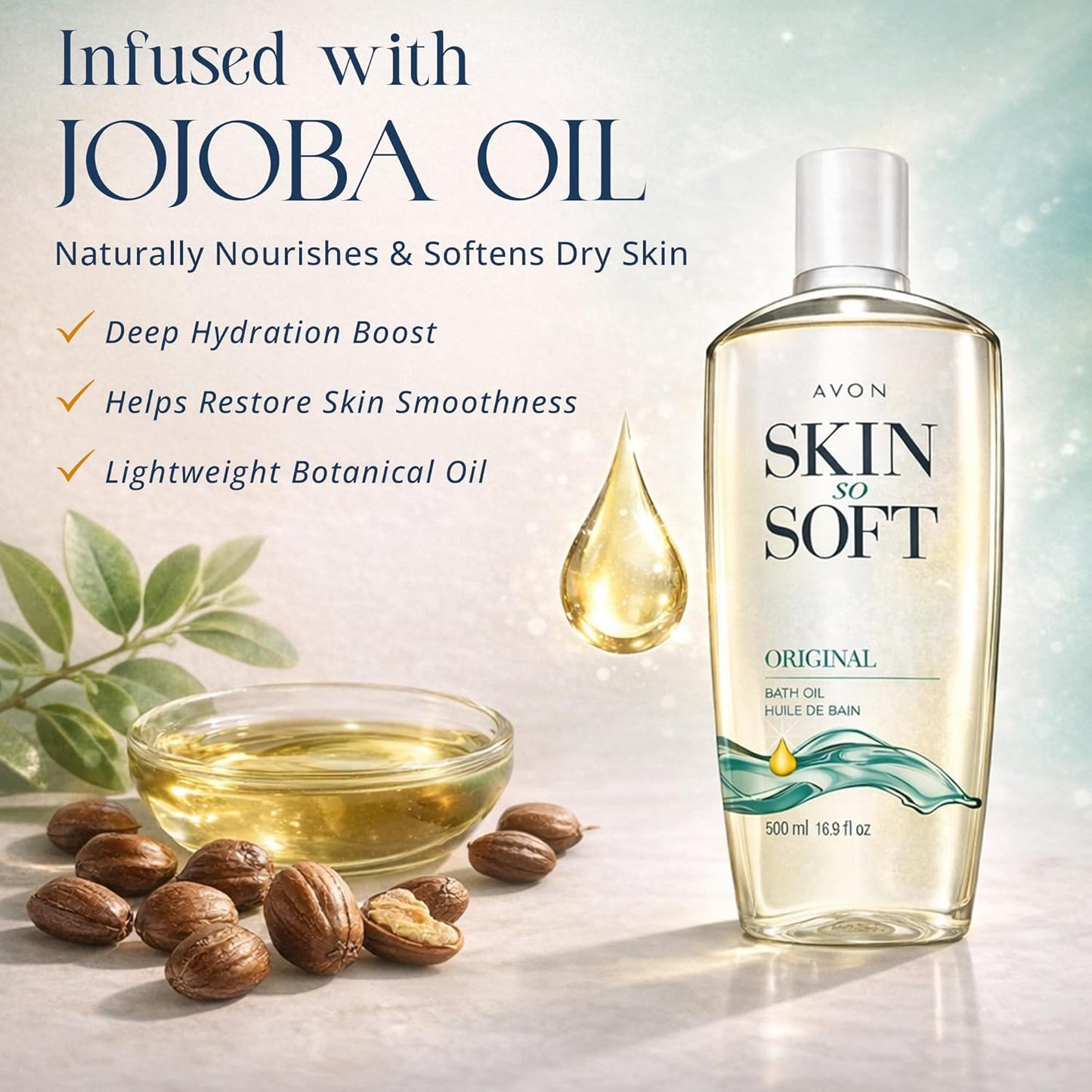 AVON Skin So Soft Original Bath Oil - Moisturizing Jojoba Oil for Dry Skin | 16.9 fl oz Hydrating Shower Oil