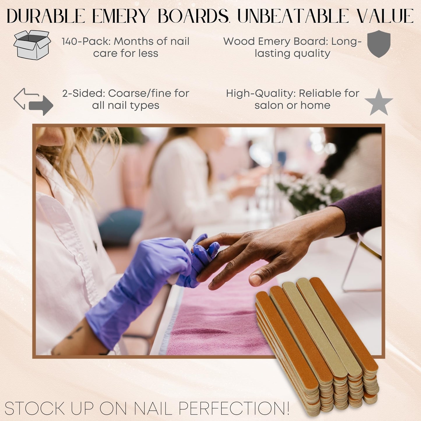Iconikal 140-Pack 5-Inch Nail Files, 2-Sided Manicure Pedicure Tool Wood Emery Board, 5-Inch, Wood for Filing, Shaping, Contouring