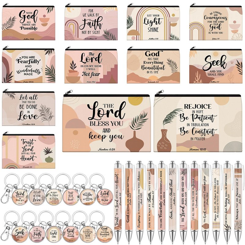 Moinchore 36 Pcs Christian Gifts for Women Bulk Christian Makeup Bags Religious Keychain Bible Verse Pen Faith Inspirational Quotes Cosmetic Bag Pencil Pouch for Mother's Day Church Charity Supplies
