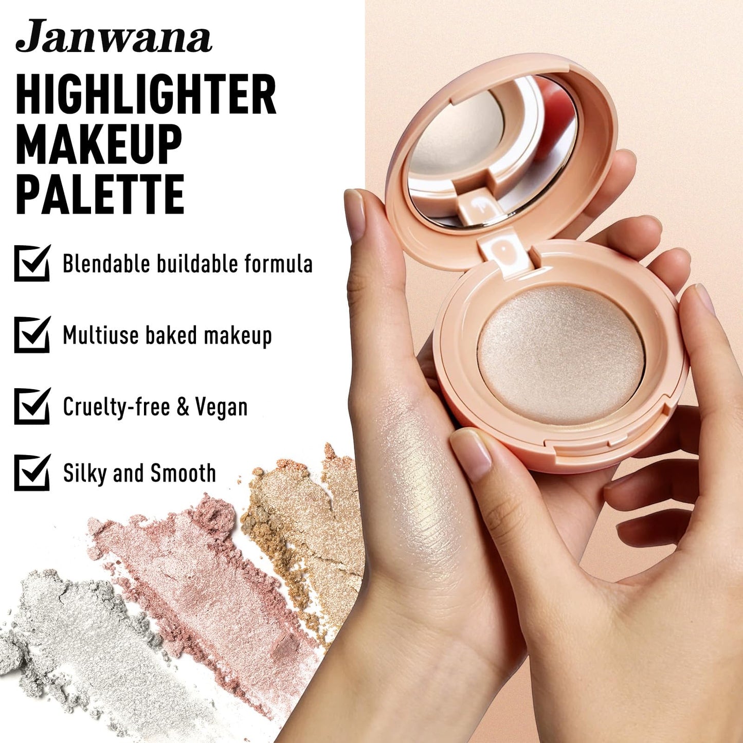Janwana Highlighter Makeup Palette, Shimmer Glitter Face Body Illuminator, Smooth Waterproof Highlighter Baked Powder, Natural Long Lasting Highly Pigmented Highlighters Makeup - Champagne Fizz