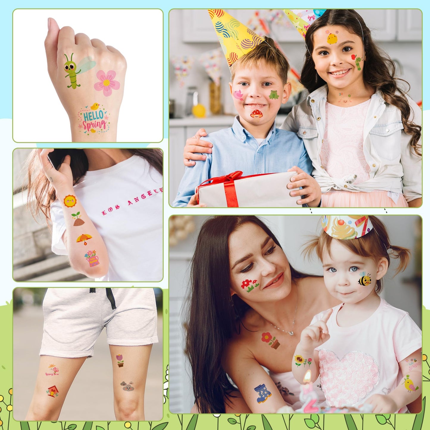 ANGOLIO Spring Theme Temporary Tattoos Stickers - 144Pcs Spring Animals Themed Tattoos Stickers, Cute Cartoon Bee Ladybug Butterfly Pattern Decals for Kids Party Goodie Bag Stuffers Classroom Rewards