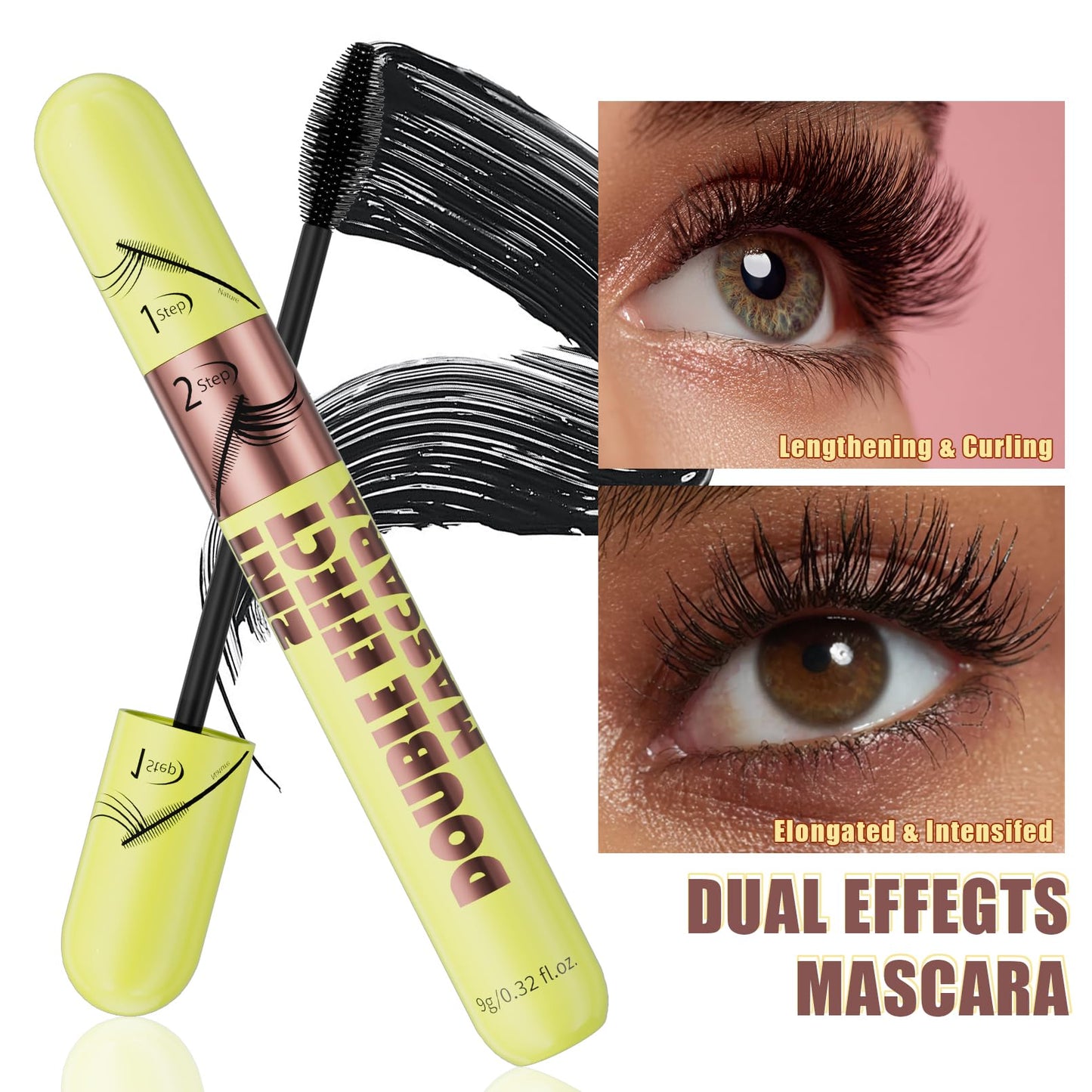 Dual-effect mascara, black and brown