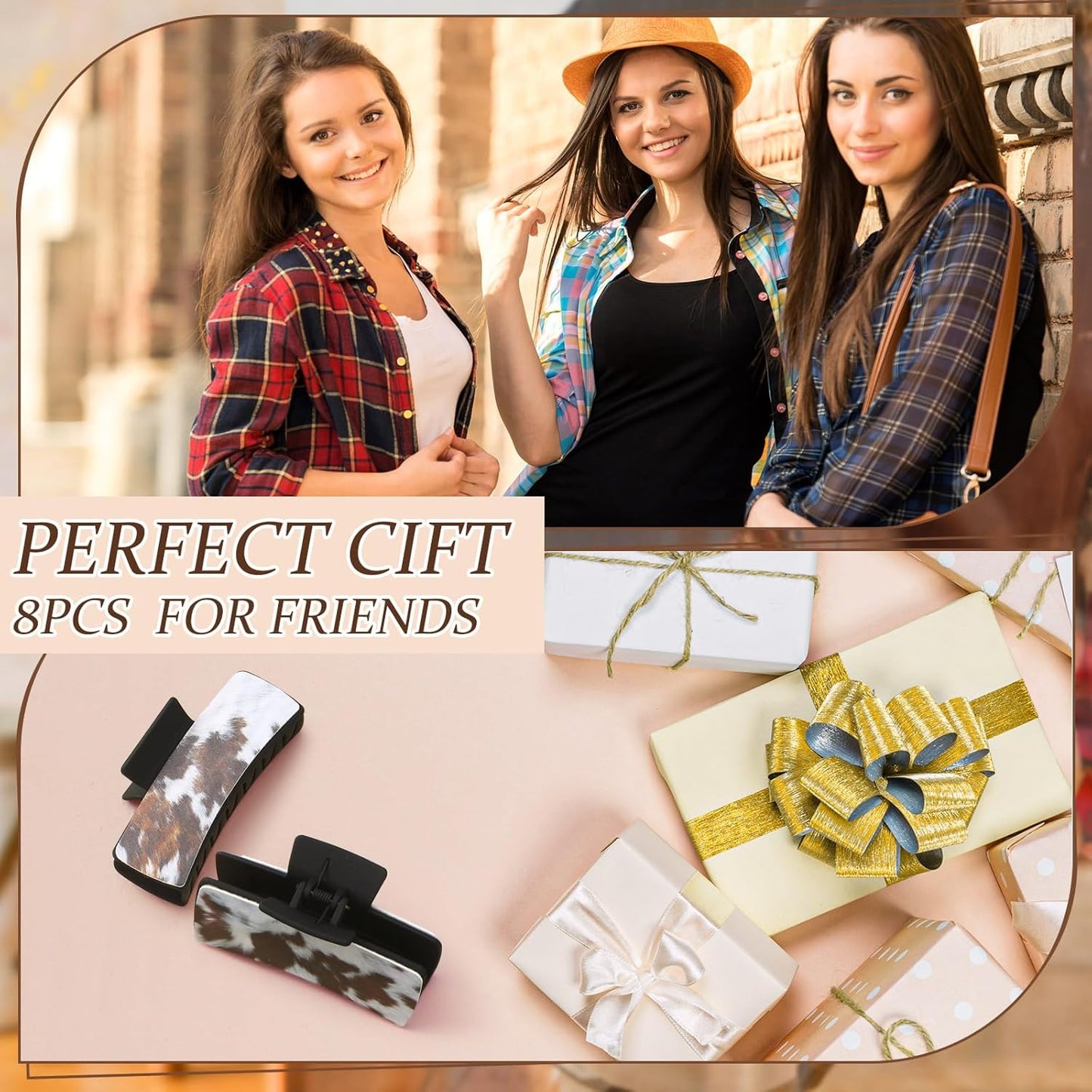 Western Hair Claw Clips - 8 Pcs Cow Print Leather Accessories | Perfect Gift for Girls & Women
