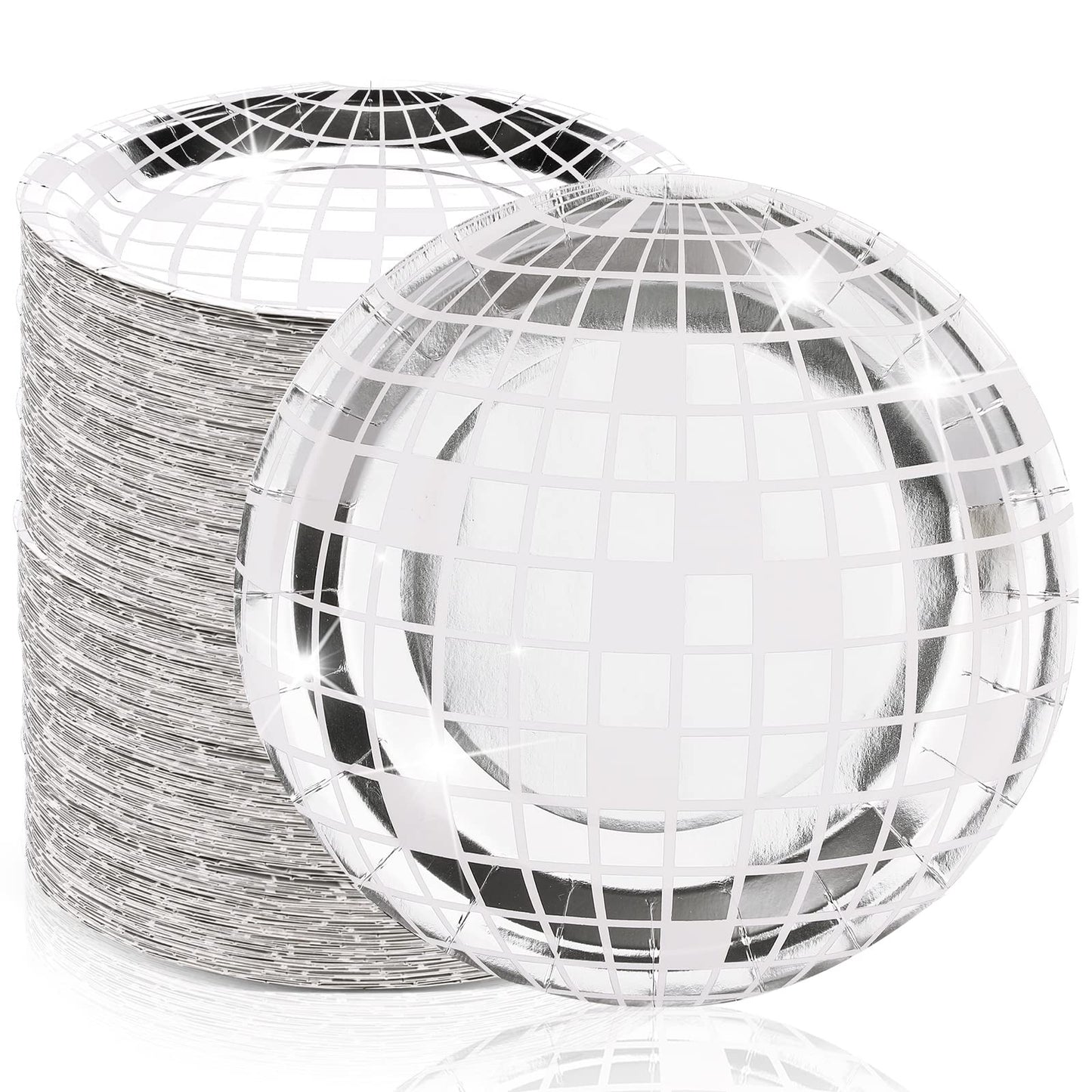 Funtery 50 Pcs Disco Plates 9'' Silver Paper Plates 70s Party Decorations Disposable Disco Dessert Dinner dish Dancing Queen Cowgirl Party Decorations for New Year's Eve 2026