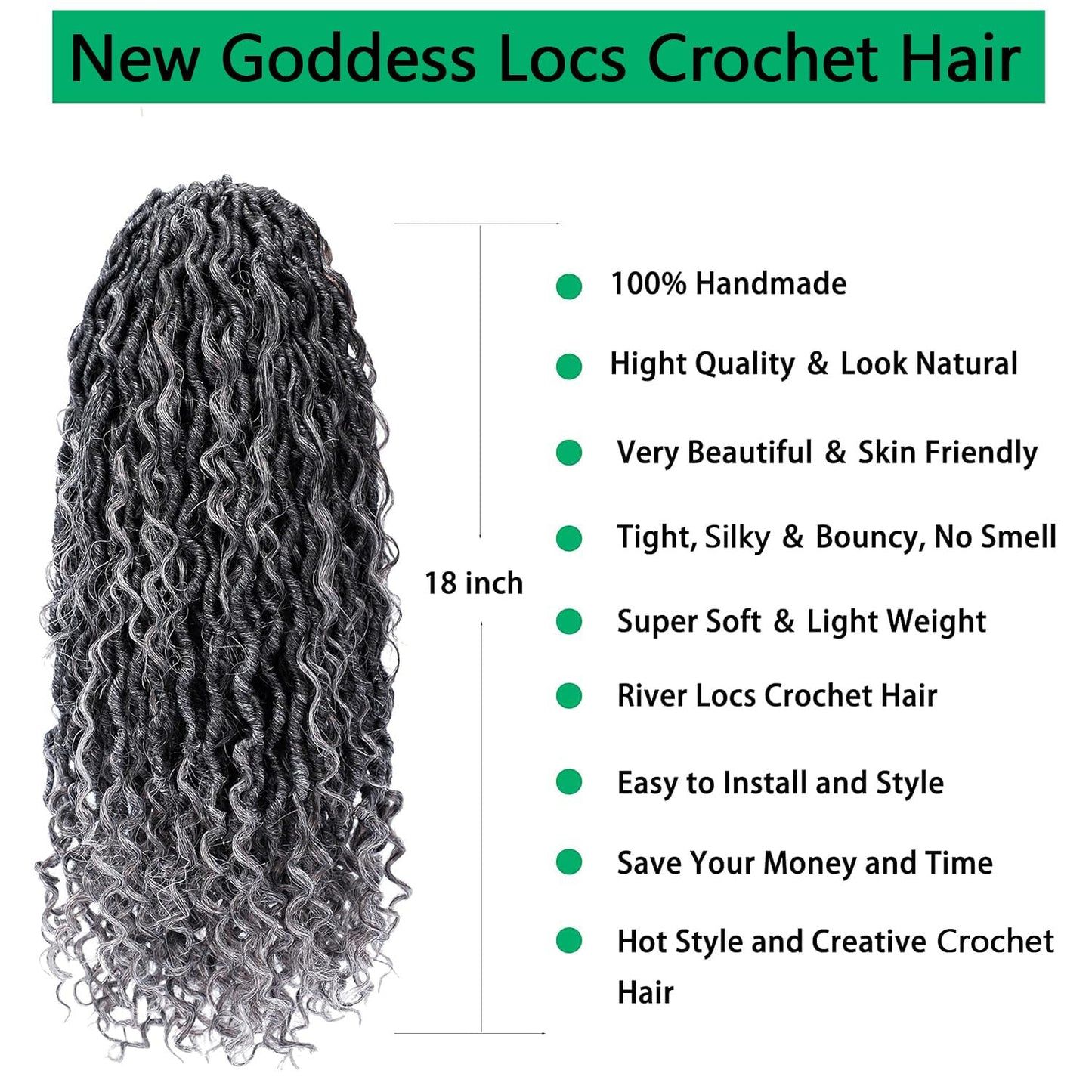 Faux Locs Crochet Hair 18 Inch Goddess Locs Ombre Grey Crochet Hair for Women 6 Packs Soft River Gray Pre Looped Braids with Curly Ends Boho Hippie Synthetic Hair Extensions, 1b/grey
