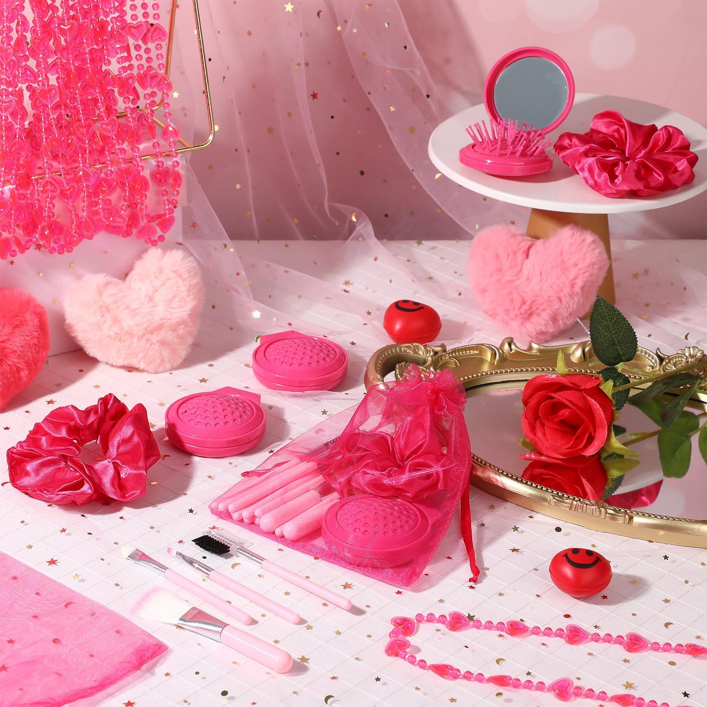 SiliFine Pink Girl Party Favors Girl Makeup Party Favor Party Supplies Set Includes Pink Gauze Bags, Hair Scrunchies, Foldable Mirror Hair Brushes, Makeup Brushes Toys(48 Pcs)