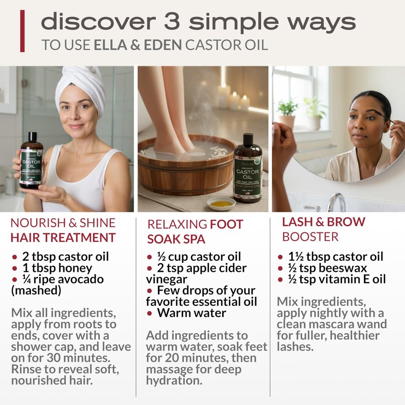 Ella & Eden Organic Castor Oil - Big 32 Fl Oz Glass Bottle - Cold-Pressed, Hexane-Free, USDA Certified, Unrefined & 100% Pure - For Hair Growth, Face, Skin