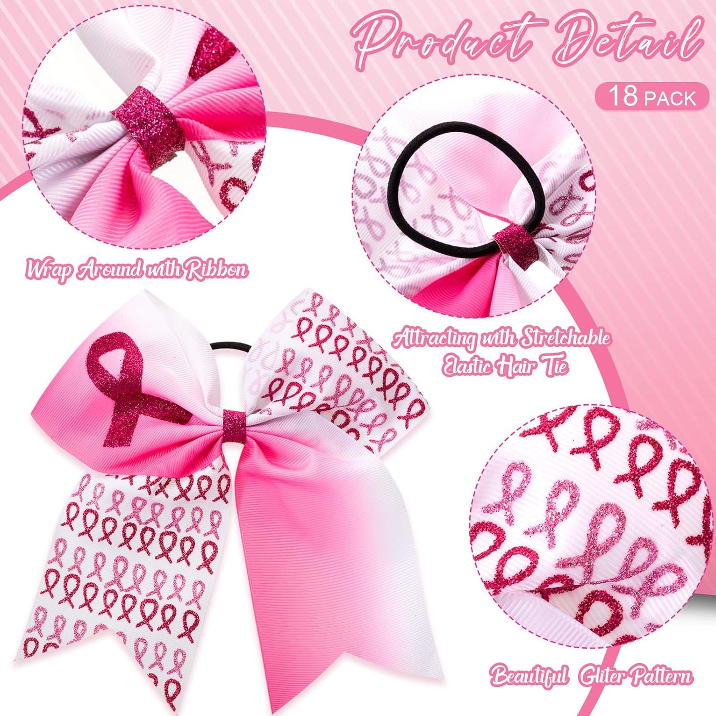 Breast Cancer Awareness Cheer Bows - 18 Pcs Pink Ribbon Hair Accessories for Teens & Women | 7 Inch Elastic Ponytail Holders