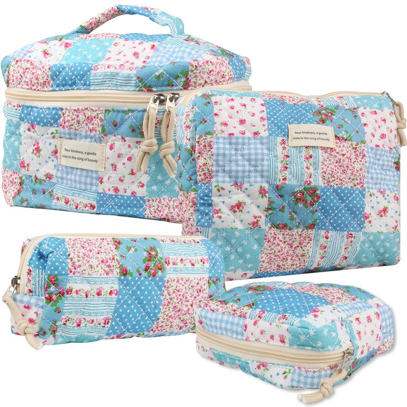 VIWIME Makeup Cosmetic Bag, Large Cotton Quilted Travel Coquette Aesthetic Cute Floral Make up Bag for Women Toiletry Bag Organizer (204- Gird Rose / 4Pcs)