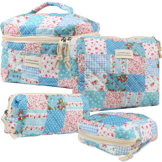 VIWIME Makeup Cosmetic Bag, Large Cotton Quilted Travel Coquette Aesthetic Cute Floral Make up Bag for Women Toiletry Bag Organizer (204- Gird Rose / 4Pcs)