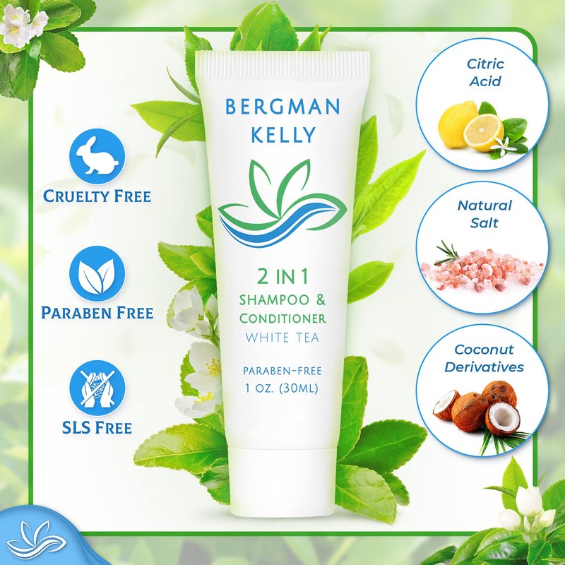 BERGMAN KELLY - Travel Size 2 in 1 Shampoo & Conditioner - 1 fl oz, 100 PK, White Tea - Delight Your Guests w/Revitalizing & Refreshing Shampoo Amenities, Quality Small Size Hotel Toiletries in Bulk