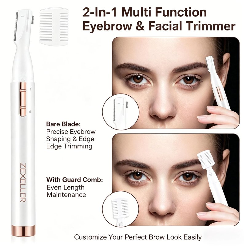 ZEXELLER Upgraded Eyebrow Trimmer, Precision Electric Razor for Women Men, Battery Operated Painless Facial Hair Remover with Adjustable Comb & Washable Blade (Face, Upper Lip, Chin, Neck)