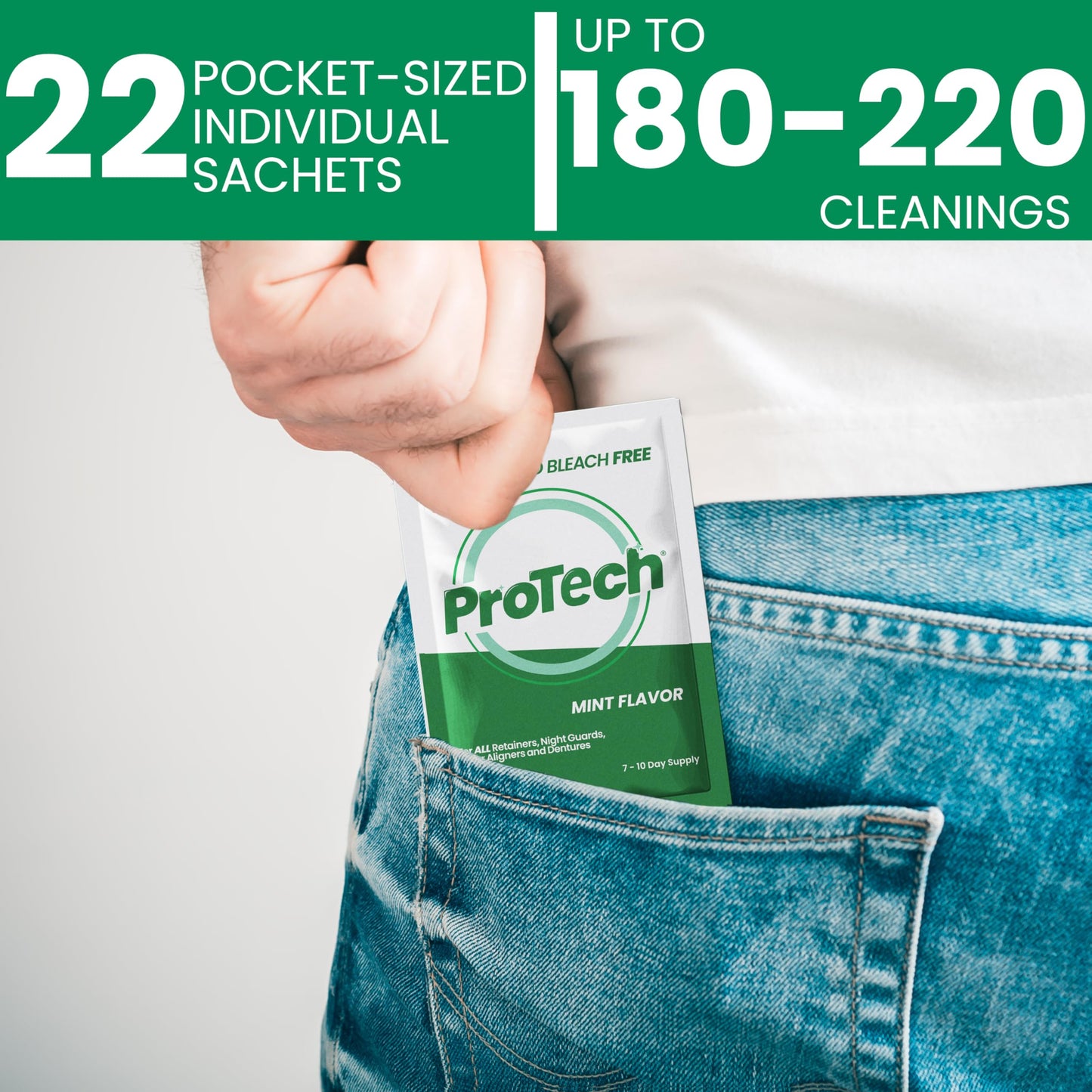 Pro Tech Retainer Cleaner - 180-220 Cleanings (0.17 Per Cleaning) 22 Pack/6 Month Supply - For Clear Aligners, Dentures, Retainers, Mouth Guards & Night Guards - Cleaning Crystals, Mint
