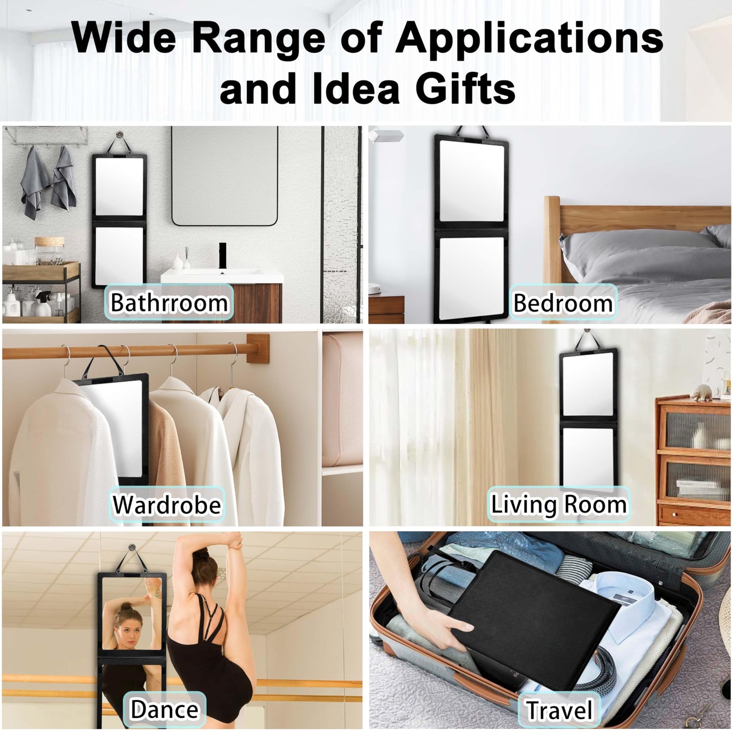 Adzyz Foldable Portable Full Length Mirror, 33x13 Inch Hanging Shatterproof Travel Mirror for Camping, Travel, Dancers - Black Hanging Folding Dance Mirror