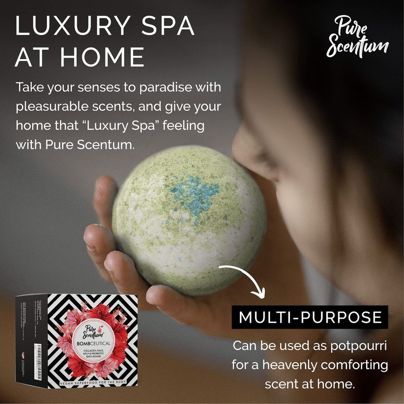Pure Scentum Bombceutical - Bath Bombs for Women - Soothes Acne, Dermatitis, and Eczema - Relaxing Bath Bomb Gift Set for Women with Kale, Kelp, Collagen, and Probiotic to Nourish The Skin