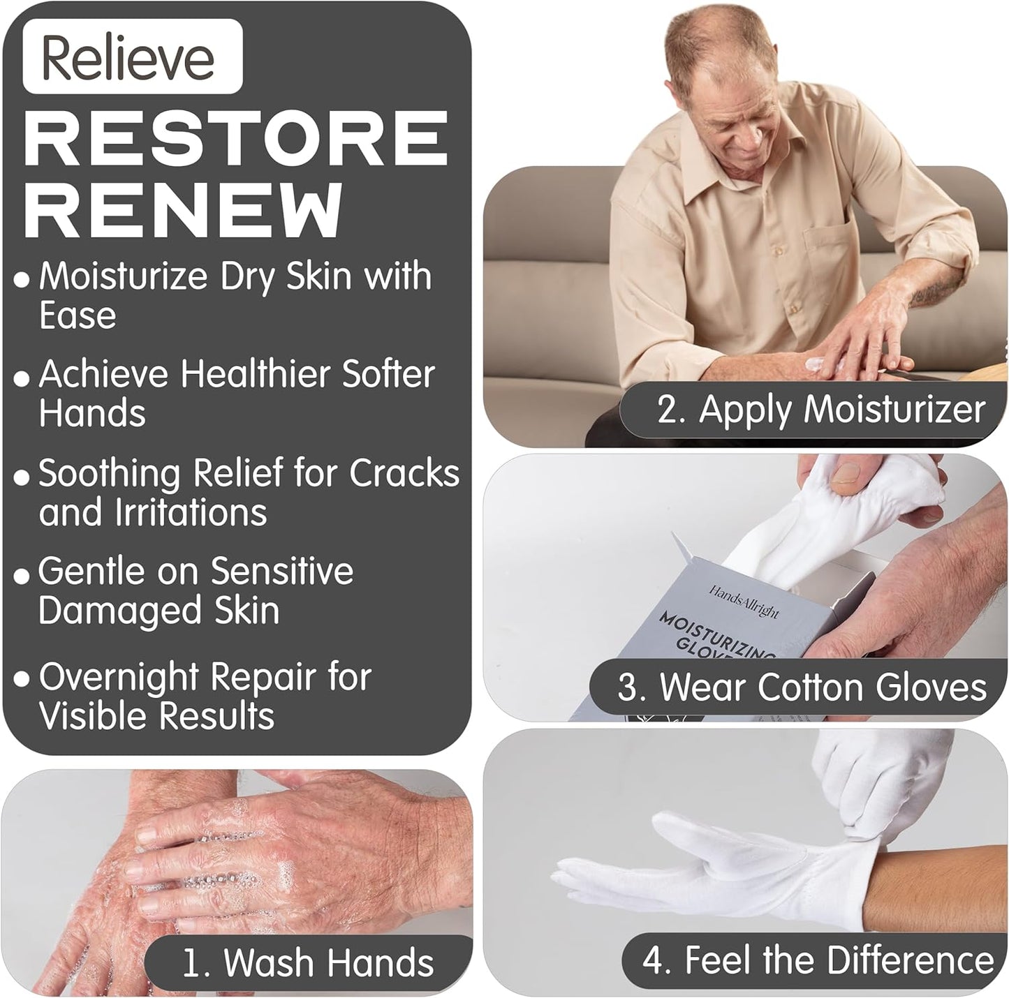 White Cotton Gloves for Dry Hands - 8 Pairs of Washable Overnight Moisturizing Gloves | Breathable for Men & Women
