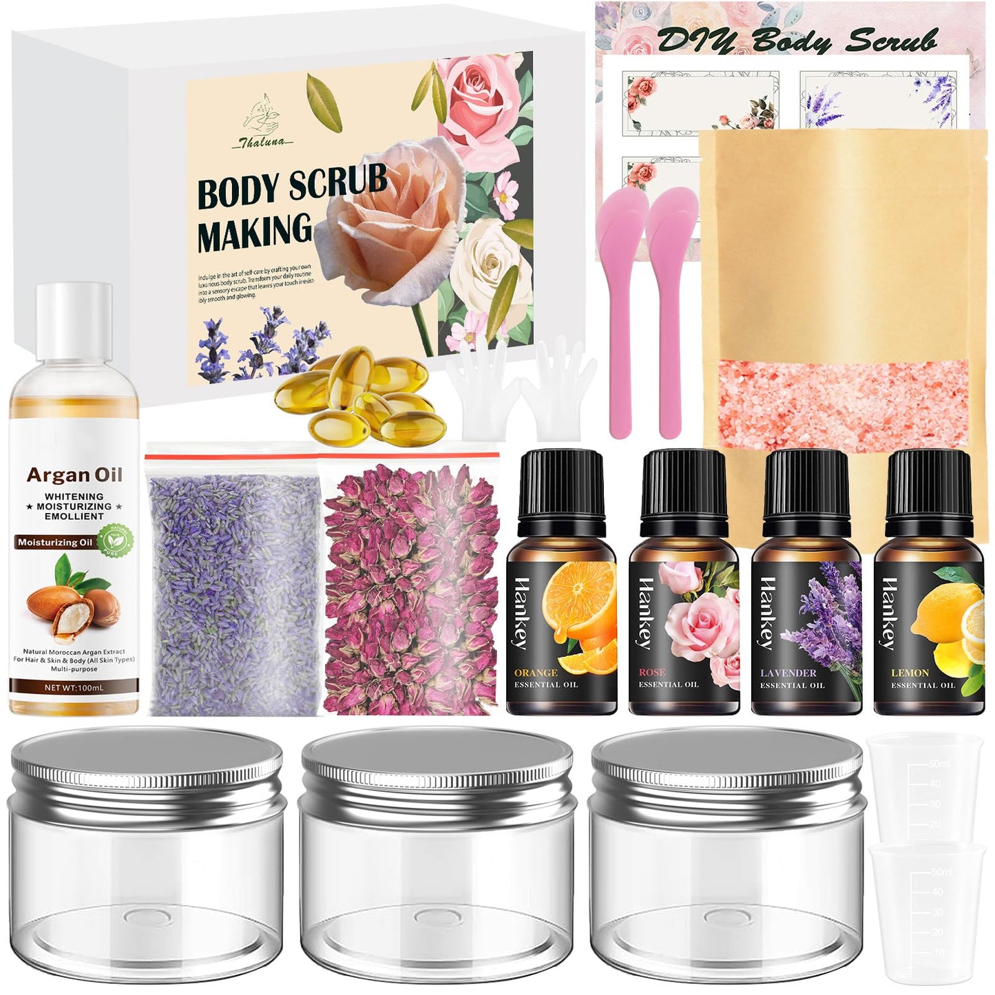 THALUNA Body Scrub Making Kit, Salt DIY Body Scrub Kit to Make Your Own Spa Kit with Pink Salt, Argan Oil, Essential Oils, Moisturizing Gentle Exfoliating Bath Sets for Women Gift Christmas Gift Girls