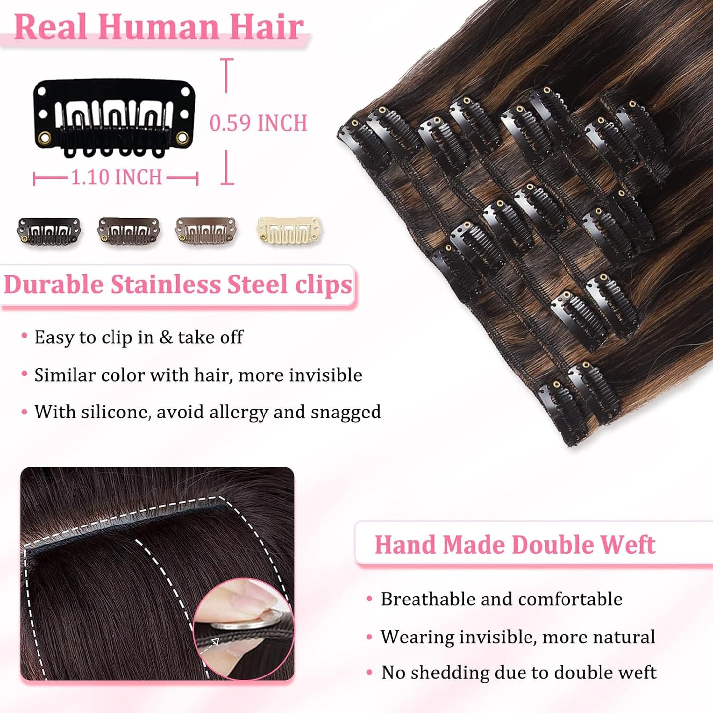 Clip In Hair Extensions - Real Human Hair Seamless Balayage | 16 Inch, 8 Pcs, Dark Brown & Chestnut Highlights