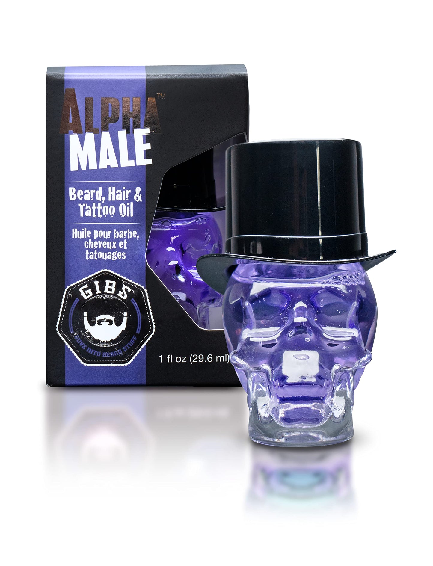 GIBS Grooming - Alpha Male Beard, Hair & Tattoo Oil (1 fl oz) Collectible Glass Skull Bottle - Softens & Strengthens - Skin Moisturizer - Vitamin C - UV Shield - Travel Size - Beard Oil - Made in USA