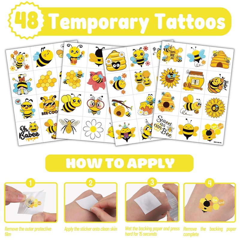 72 PCS Bee Party Favors – 48 Pre-Cut Temporary Tattoos & 24 Bee Punch Balloons Themed Birthday Party Decorations Supplies Favors Gifts Goodie Bag Fillers Classroom Rewards for Boys Girls