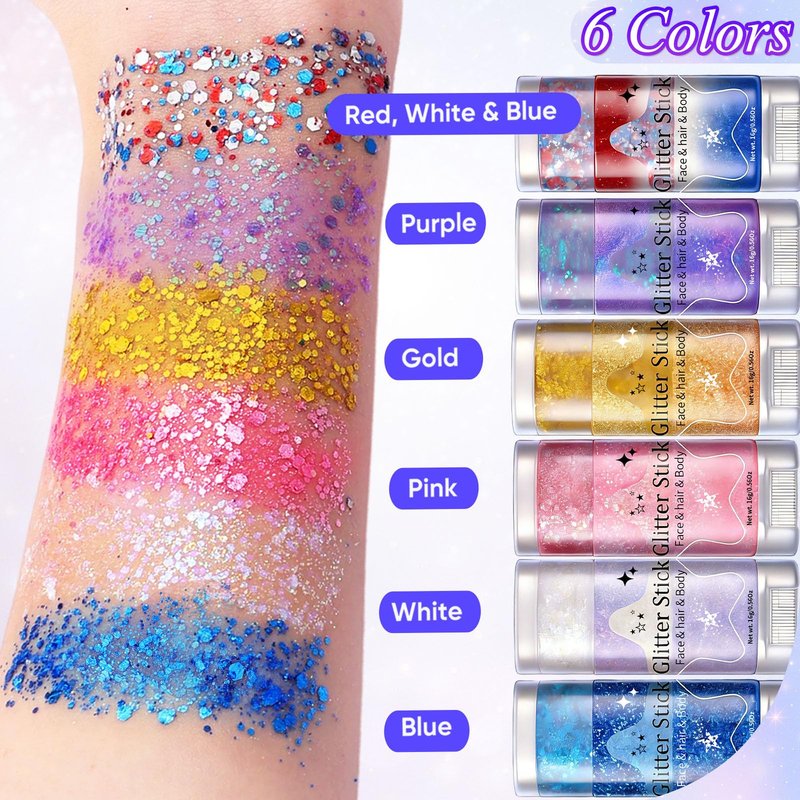 AROIC Body Glitter Stick - 6 Pack Red White and Blue Face & Hair Glitter with Chunky Sequins, 4th of July USA Rave Accessories Sparkling Face Paint with Fruit Scent for Festival Makeup Concert Party