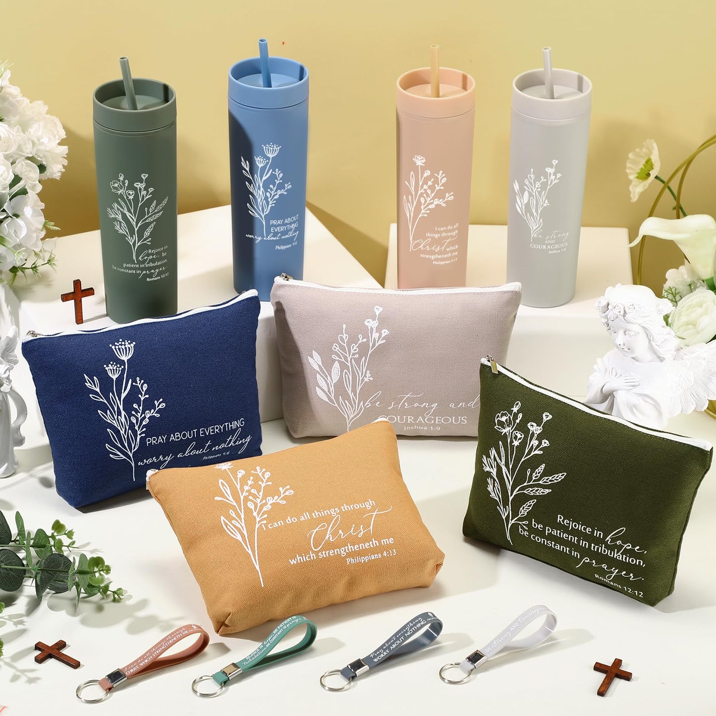 Fumete 4 Set Christian Appreciation Gifts for Men 16oz Skinny Cup Religious Cosmetic Bag and Bible Verse Keychain Church Gifts for Women Father Dad Teacher Nurse(Classic Color,Floral)