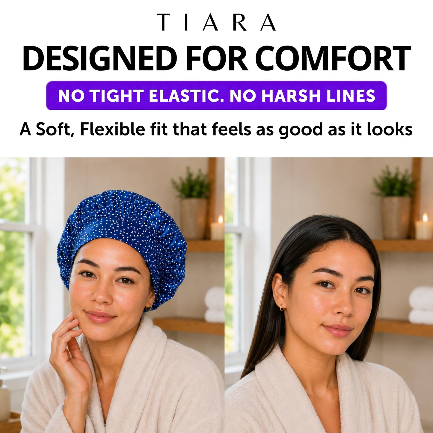 TIARA Reversible, Reusable, Waterproof Shower Cap – Large Shower Cap for Long. Short, Braided, or Thick Hair, Reversible Deep Conditioning Hair Cap, Soft Terry Lined, Machine Washable (Blue Dots)