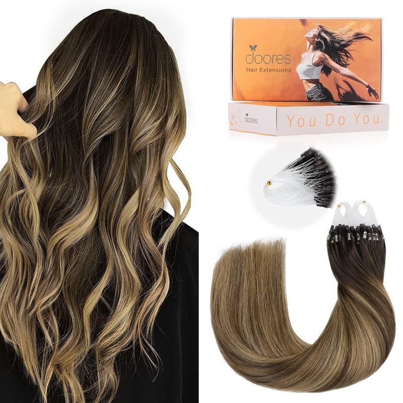 DOORES Micro Beaded Real Human Hair Extensions, Balayage Chocolate Brown to Caramel Blonde 16 Inch 50g/50s, Invisible Bead Extensions Human Hair for Women