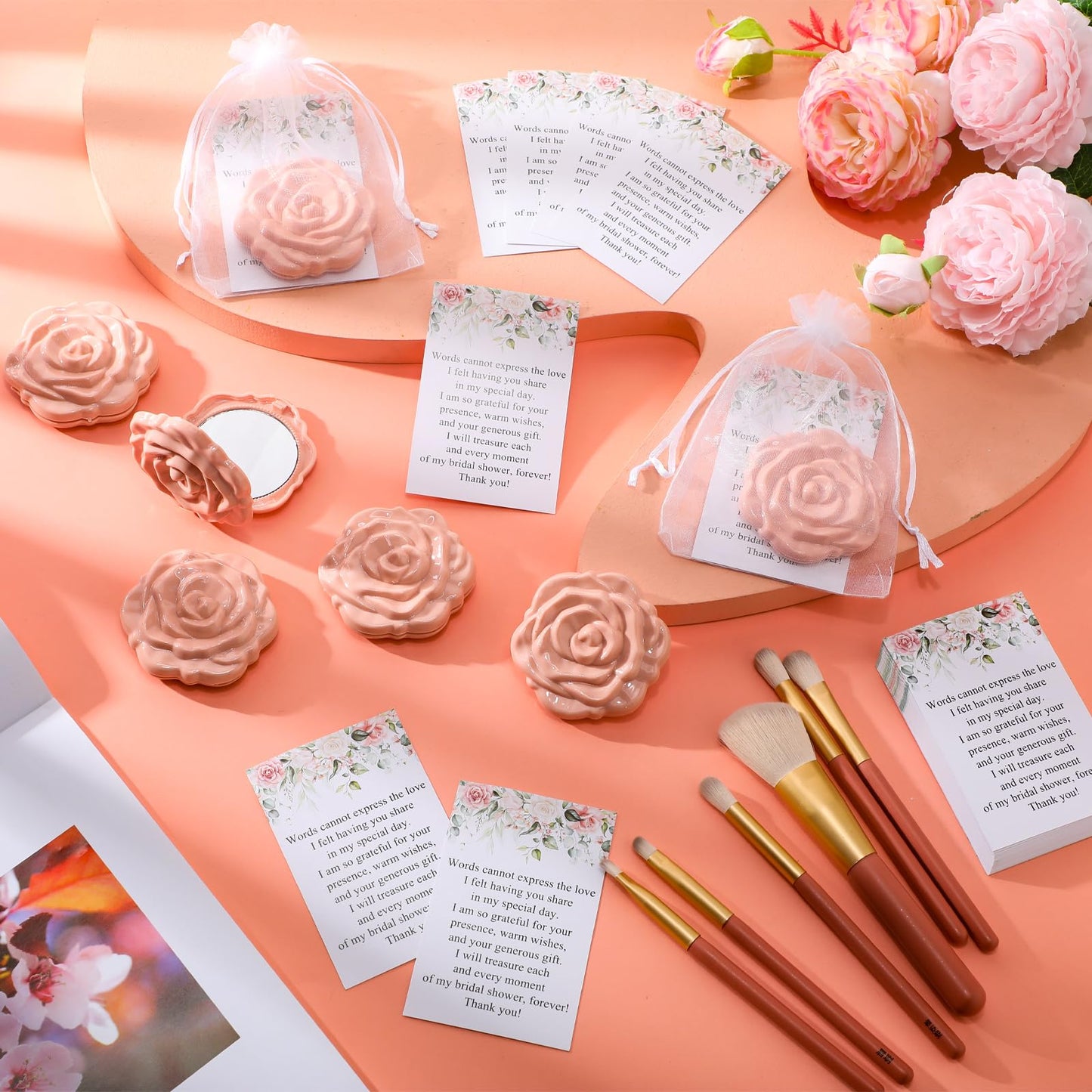 FoldTier 50 Sets Bridal Shower Party Favors for Guests Small Rose Compact Mirror Bulk Wedding Favors Thank You Cards and Organza Bags Wedding Party Guests Souvenir Gift (Pink Champagne)