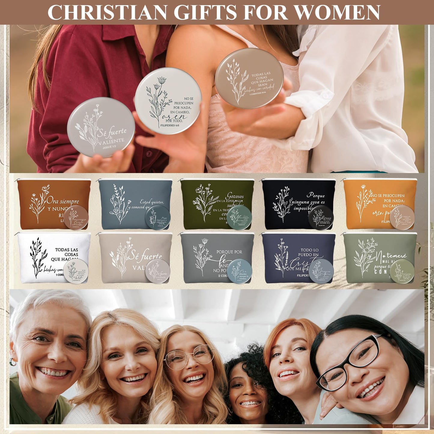 Kacctyen 20 Sets Spanish Christian Gifts for Women Bulk Bible Verse Makeup Bags Compact Mirror Regalos Cristianos Para Mujer En Español Canvas for Church Articulos Religiosos Catolicos (Boho Color)