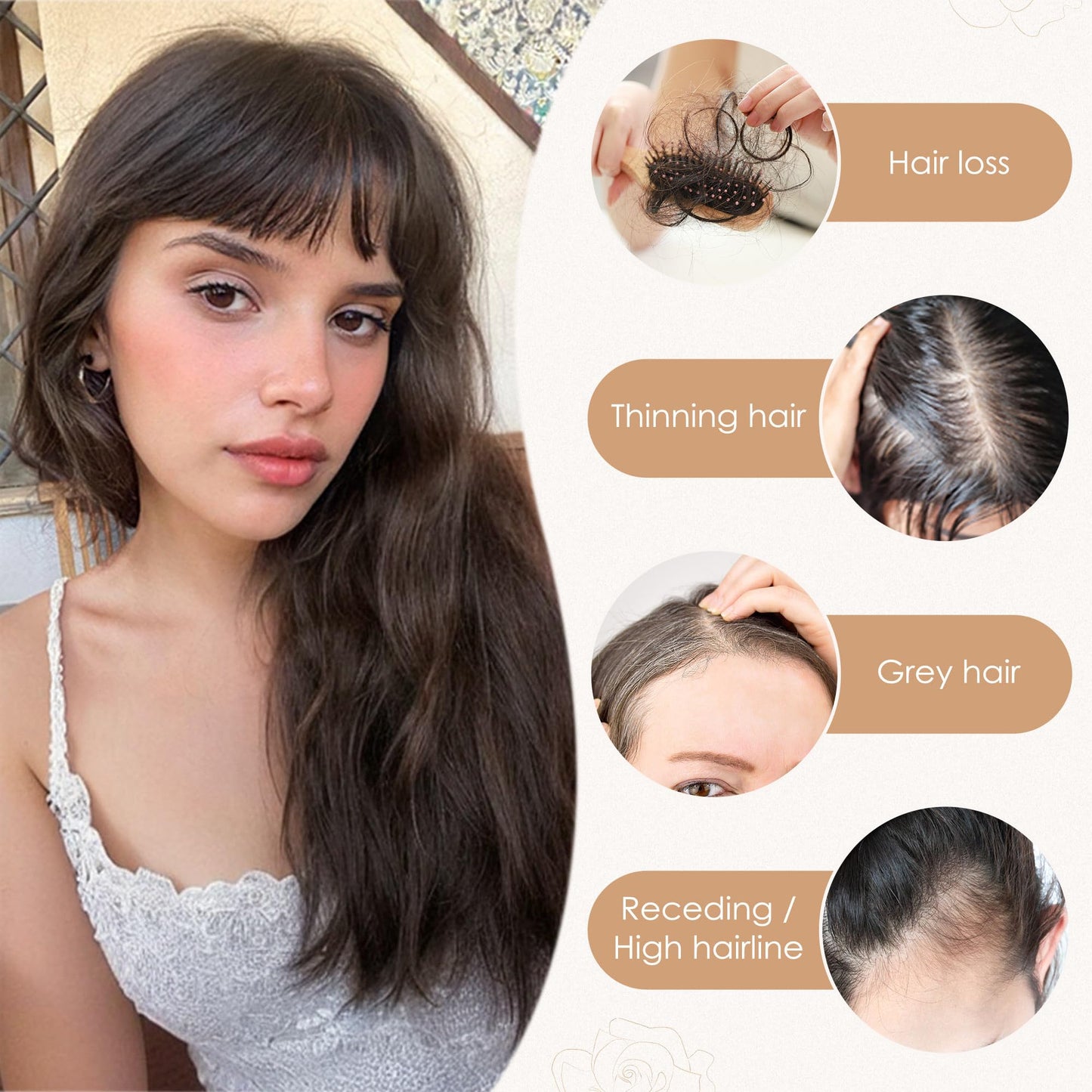 S-noilite Human Hair Toppers for Women with Bangs 100% Real Human Hairpiece 5"x3" Clip in Silk Base Topper Piece Cover Thinning Fine Hair 10 inch Chestnut Brown