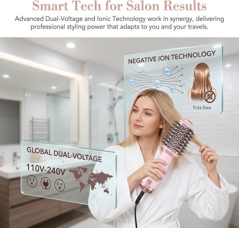 Travel Dual Voltage Hot Air Brush - 4 in 1 Mini Hair Dryer & Volumizer | 2 Inch Brush with Global Adapter & Storage Bag