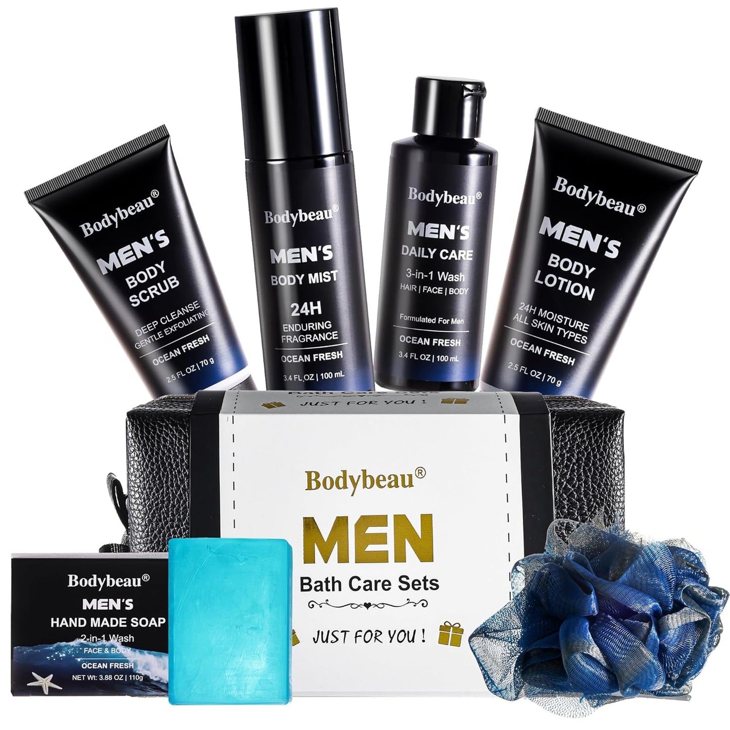 Men's Bath and Body Spa Gift Set - 7-Piece Skin Care Collection with 3-in-1 Face Wash, Handmade Soap & Travel Bag | Perfect Gifts for Dad, Husband, Boyfriend